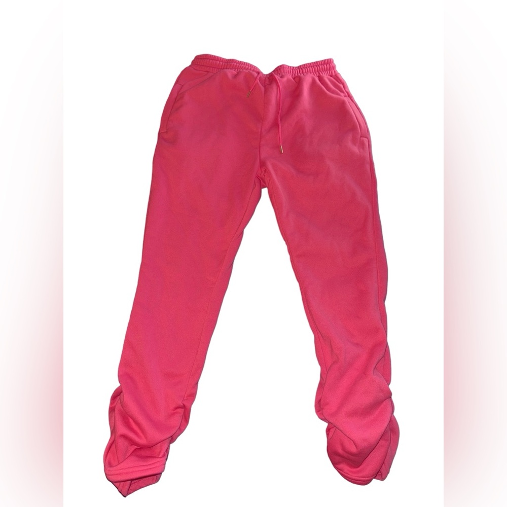 shein pink ruched sweatpants *bottoms are ruched/stacked*